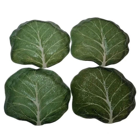 Set of 4 Vintage Green Glass Cabbage Leaf Shaped Serving Dishes Appetizer Plates - Picture 1 of 16